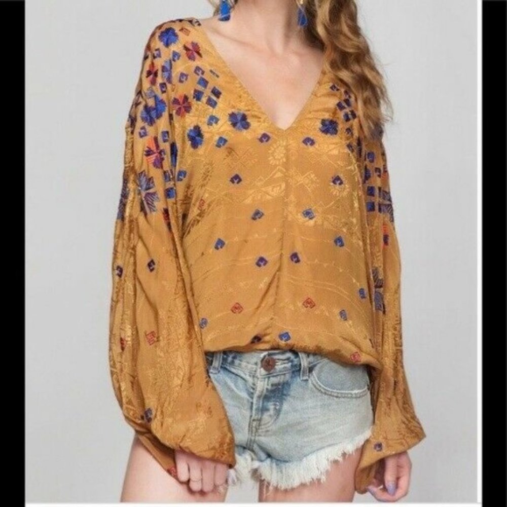 Free People Music in Time Embroidered Boho Blouse